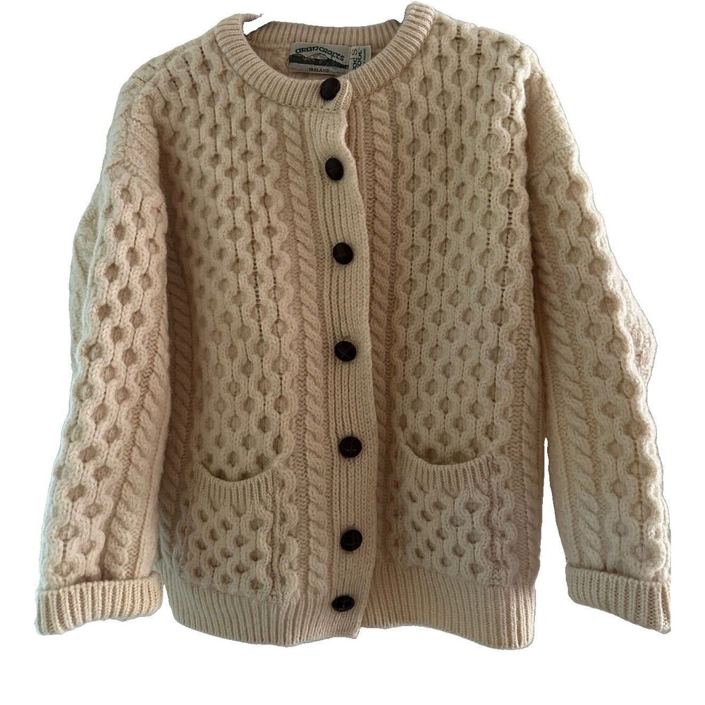 AranCrafts Ireland VTG Wool Cardigan Sweater Small Cableknit Fisherman Handknit